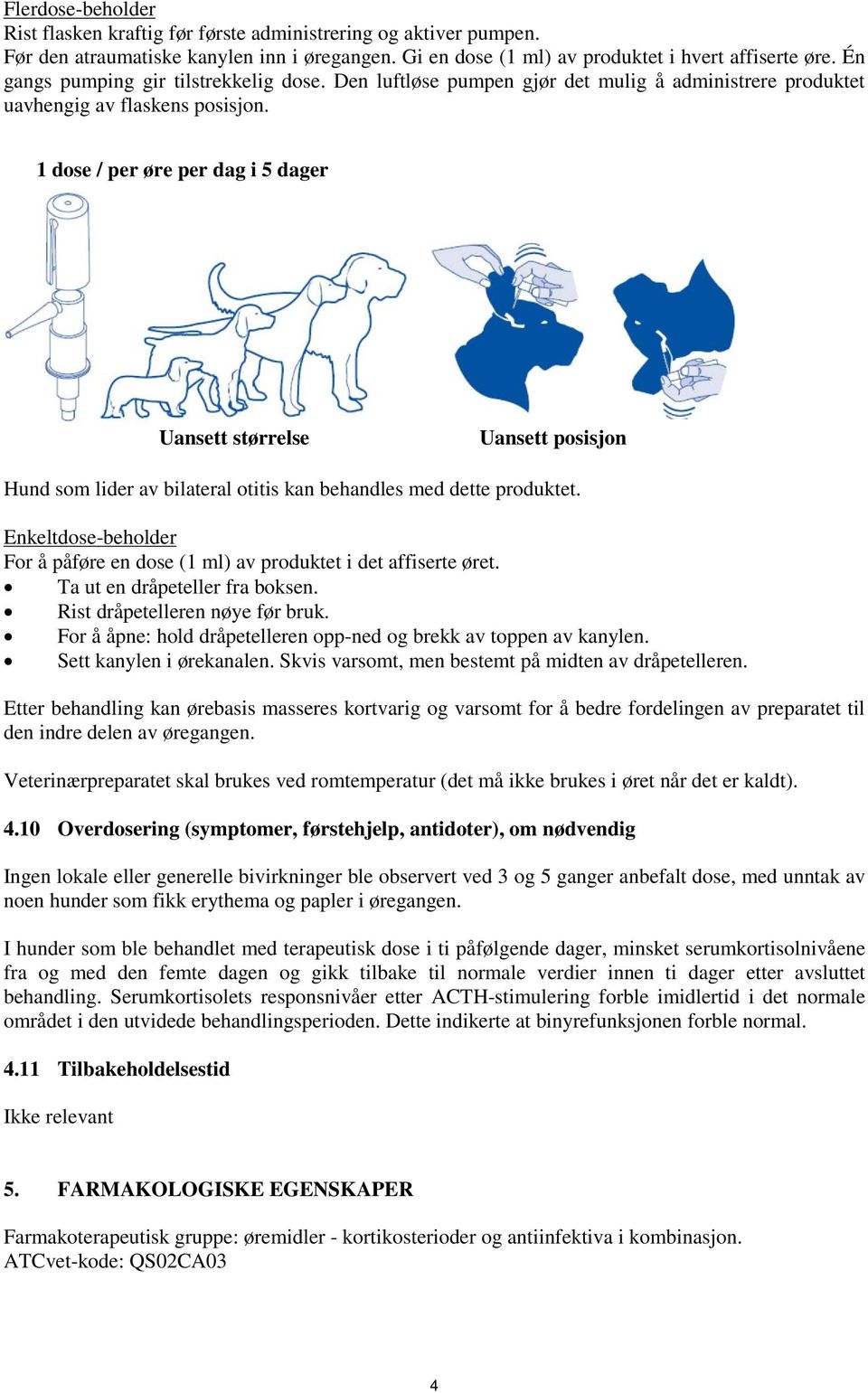 1 dose / per øre per dag i 5 dager Uansett størrelse Uansett posisjon Hund som lider av bilateral otitis kan behandles med dette produktet.