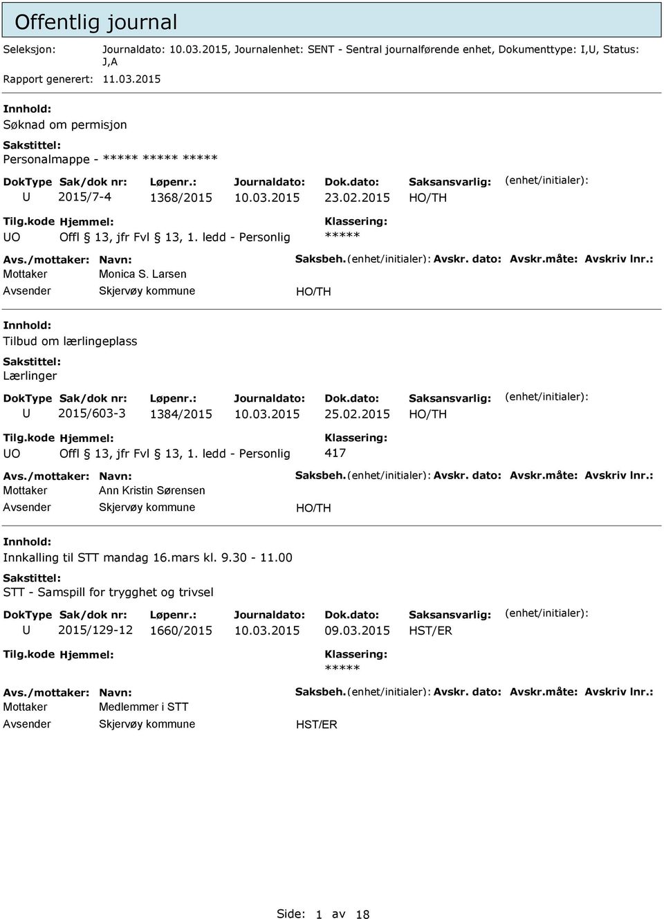 Larsen nnhold: Tilbud om lærlingeplass Lærlinger 2015/603-3 1384/2015 25.02.2015 417 Avs./mottaker: Navn: Saksbeh. Avskr. dato: Avskr.måte: Avskriv lnr.