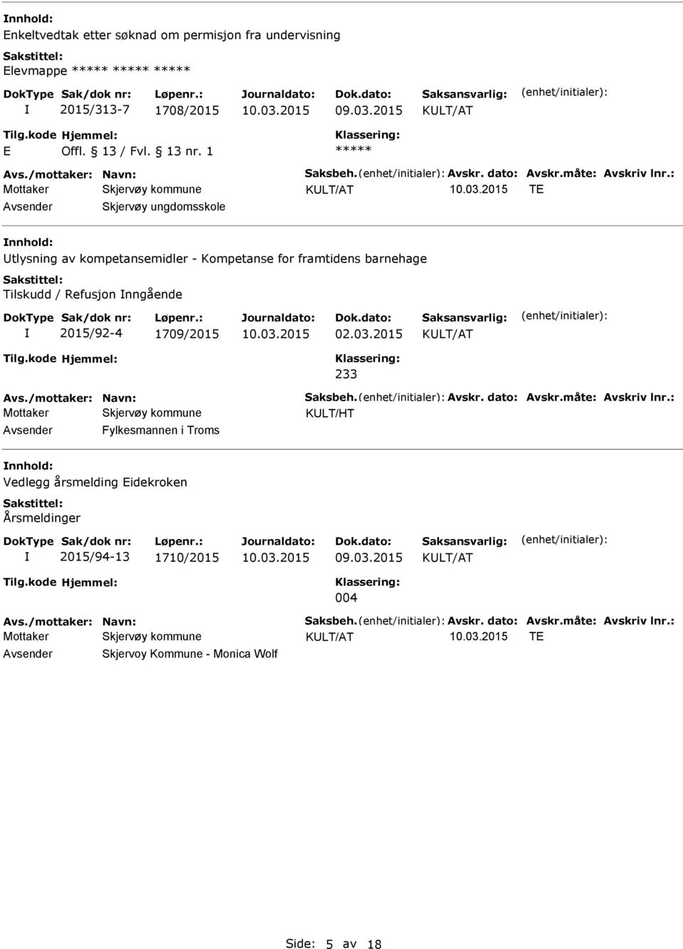 : TE Skjervøy ungdomsskole nnhold: tlysning av kompetansemidler - Kompetanse for framtidens barnehage Tilskudd / Refusjon nngående 2015/92-4 1709/2015 02.03.