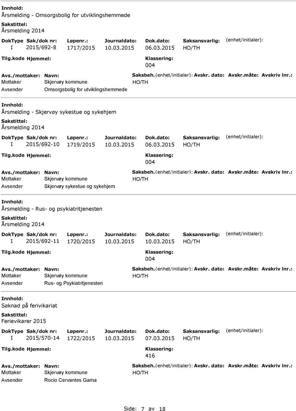 måte: Avskriv lnr.: Skjervøy sykestue og sykehjem nnhold: Årsmelding - Rus- og psykiatritjenesten Årsmelding 2014 2015/692-11 1720/2015 004 Avs./mottaker: Navn: Saksbeh. Avskr. dato: Avskr.