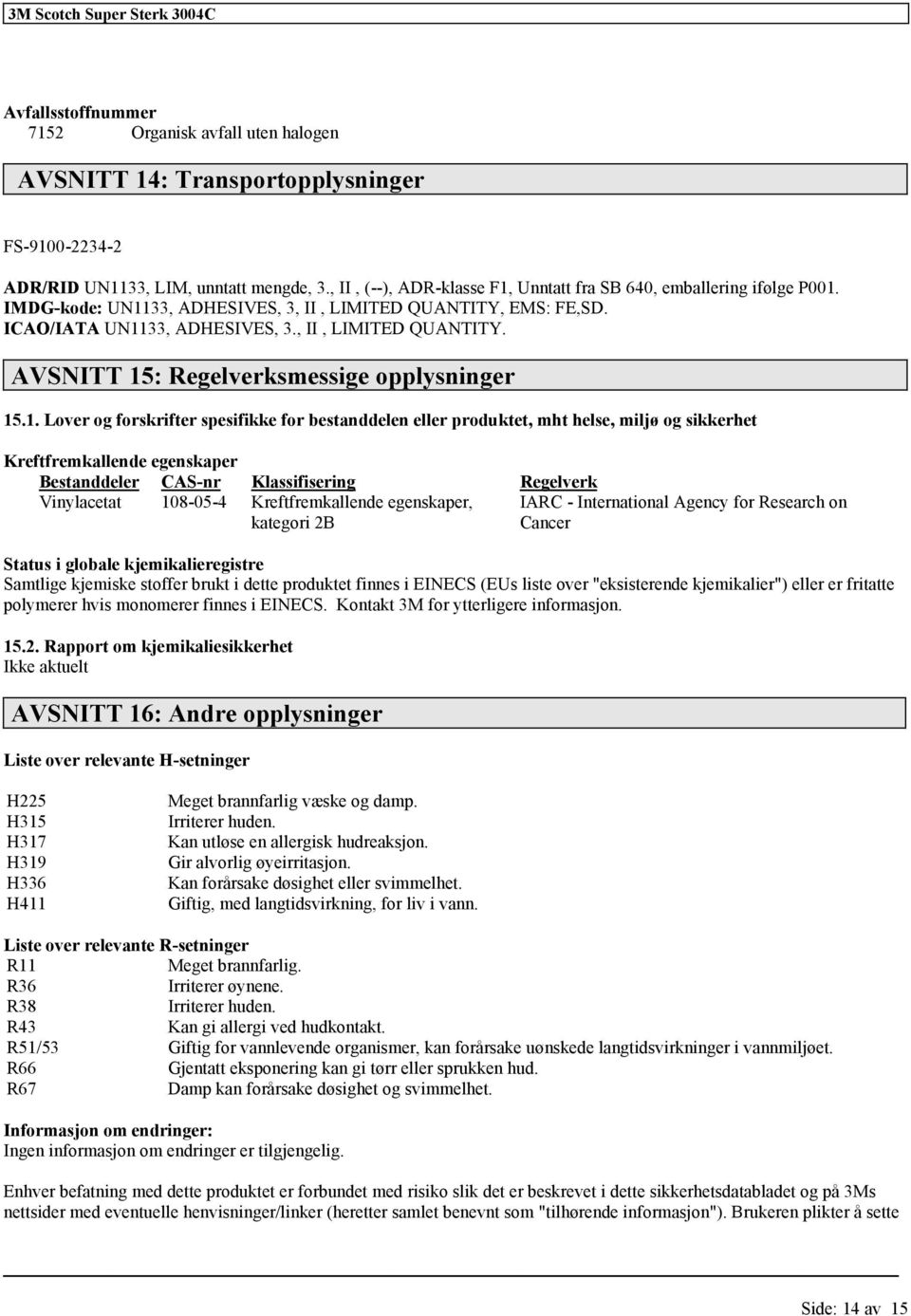 1. Lover og forskrifter spesifikke for bestanddelen eller produktet, mht helse, miljø og sikkerhet Kreftfremkallende egenskaper Bestanddeler CAS-nr Klassifisering Regelverk Vinylacetat 108-05-4