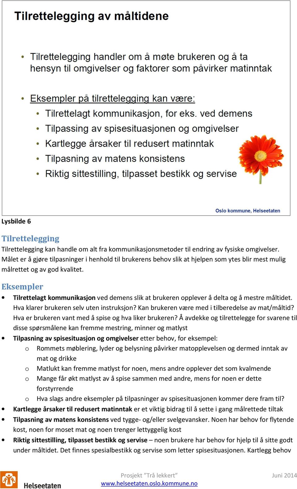 Eksempler Tilrettelagt kommunikasjon ved demens slik at brukeren opplever å delta og å mestre måltidet. Hva klarer brukeren selv uten instruksjon? Kan brukeren være med i tilberedelse av mat/måltid?