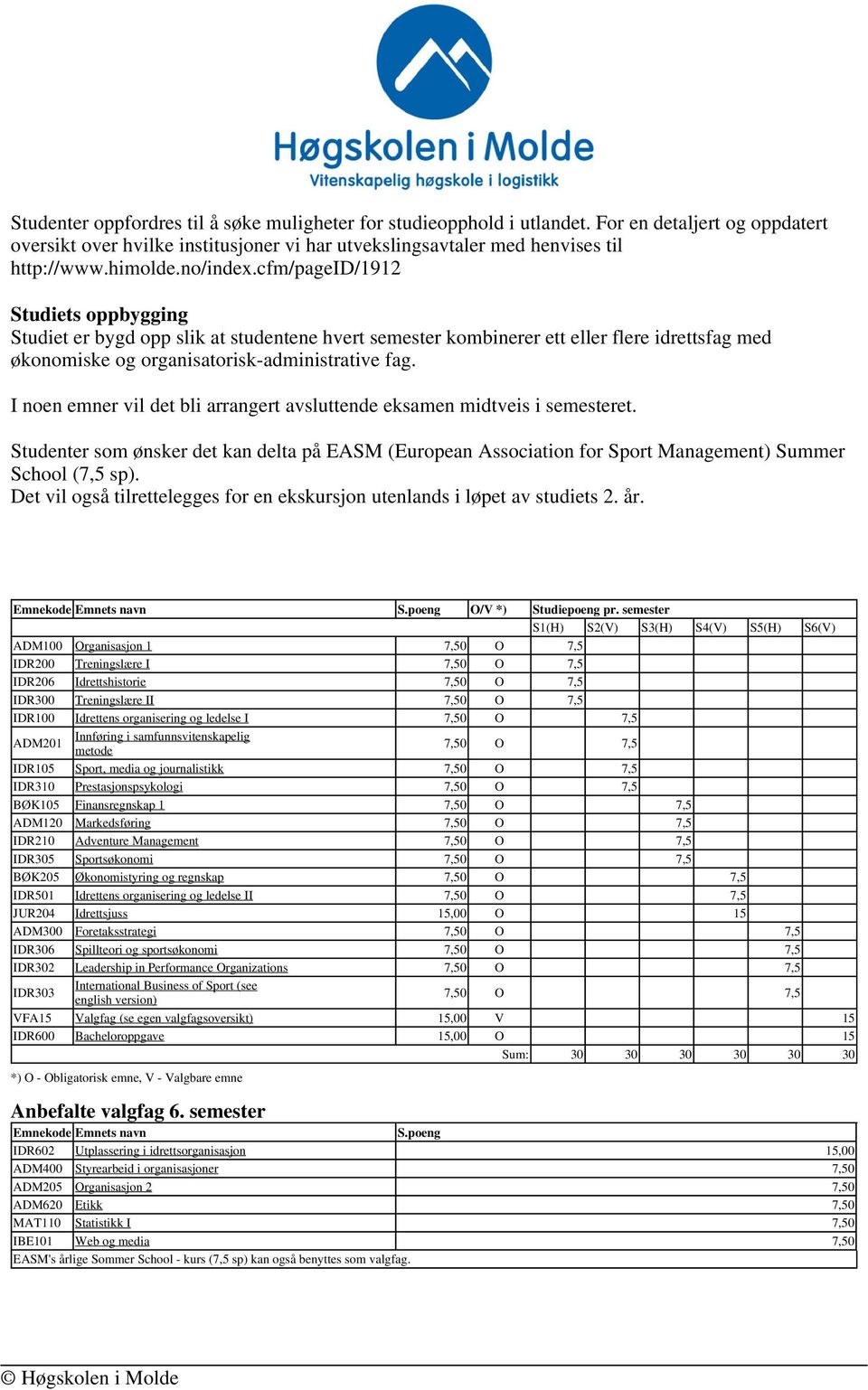 I noen emner vil det bli arrangert avsluttende eksamen midtveis i semesteret. Studenter som ønsker det kan delta på EASM (European Association for Sport Management) Summer School (7,5 sp).