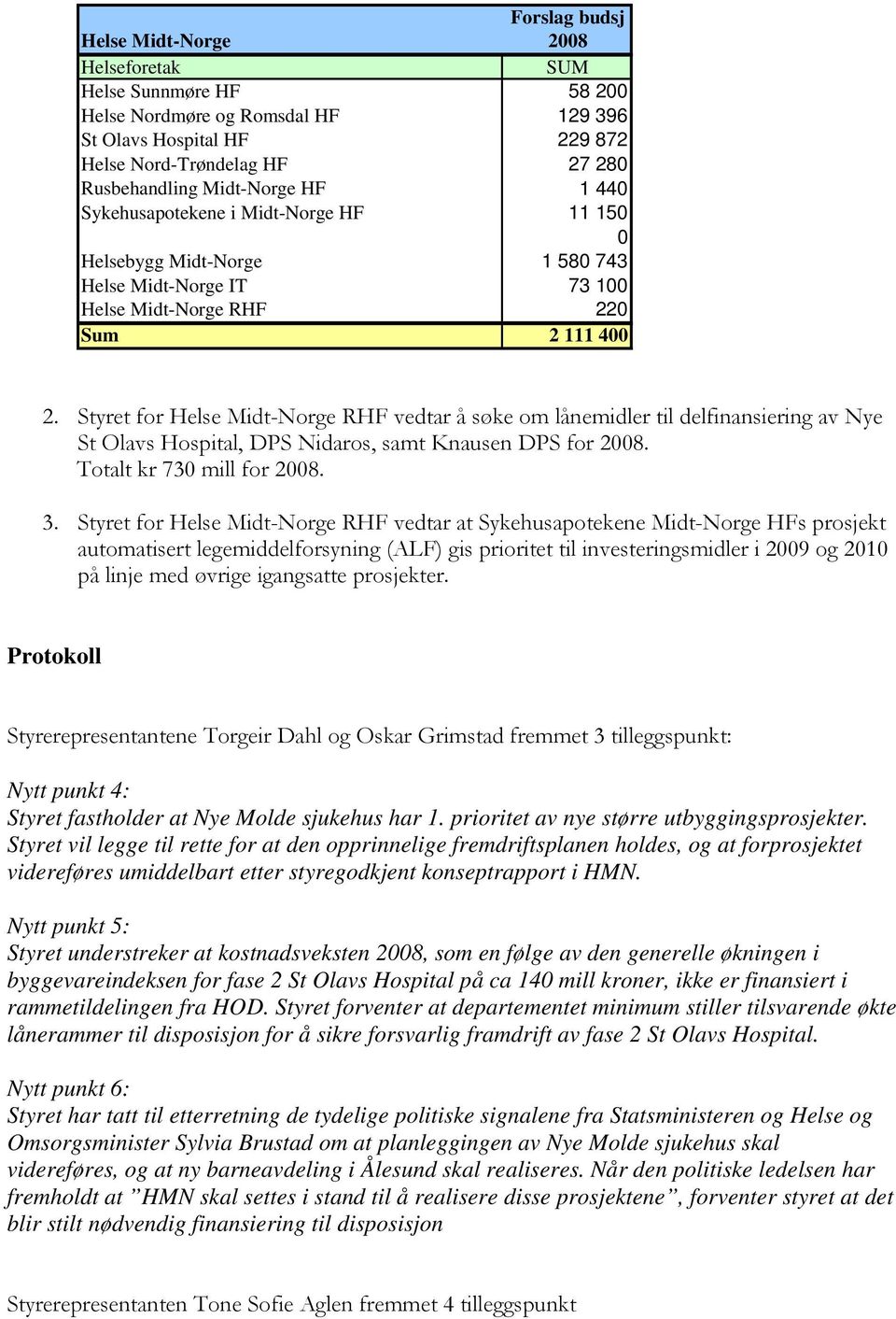 Styret for Helse Midt-Norge RHF vedtar å søke om lånemidler til delfinansiering av Nye St Olavs Hospital, DPS Nidaros, samt Knausen DPS for 2008. Totalt kr 730 mill for 2008. 3.