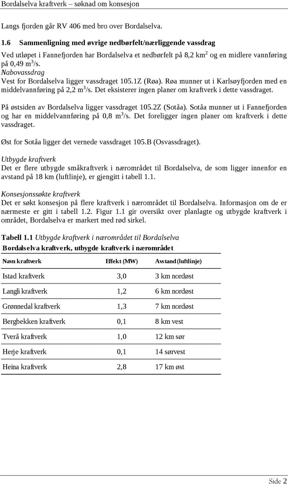 Nabovassdrag Vest for Bordalselva ligger vassdraget 105.1Z (Røa). Røa munner ut i Karlsøyfjorden med en middelvannføring på 2,2 m 3 /s. Det eksisterer ingen planer om kraftverk i dette vassdraget.