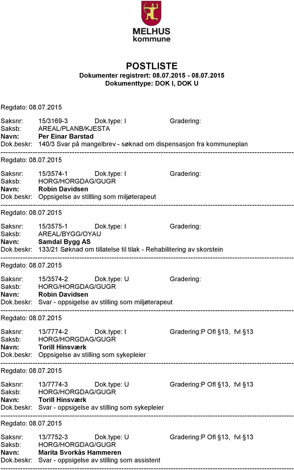 beskr: 133/21 Søknad om tillatelse til tilak - Rehabilitering av skorstein Saksnr: 15/3574-2 Dok.type: U Gradering: Navn: Robin Davidsen Dok.