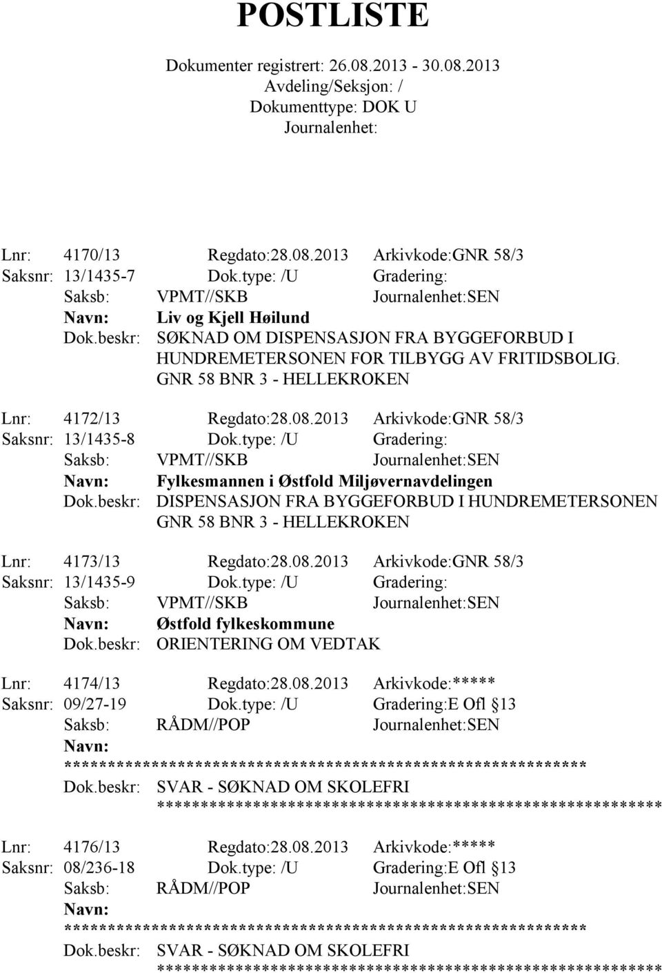 type: /U Gradering: Fylkesmannen i Østfold Miljøvernavdelingen DISPENSASJON FRA BYGGEFORBUD I HUNDREMETERSONEN GNR 58 BNR 3 - HELLEKROKEN Lnr: 4173/13 Regdato:28.08.