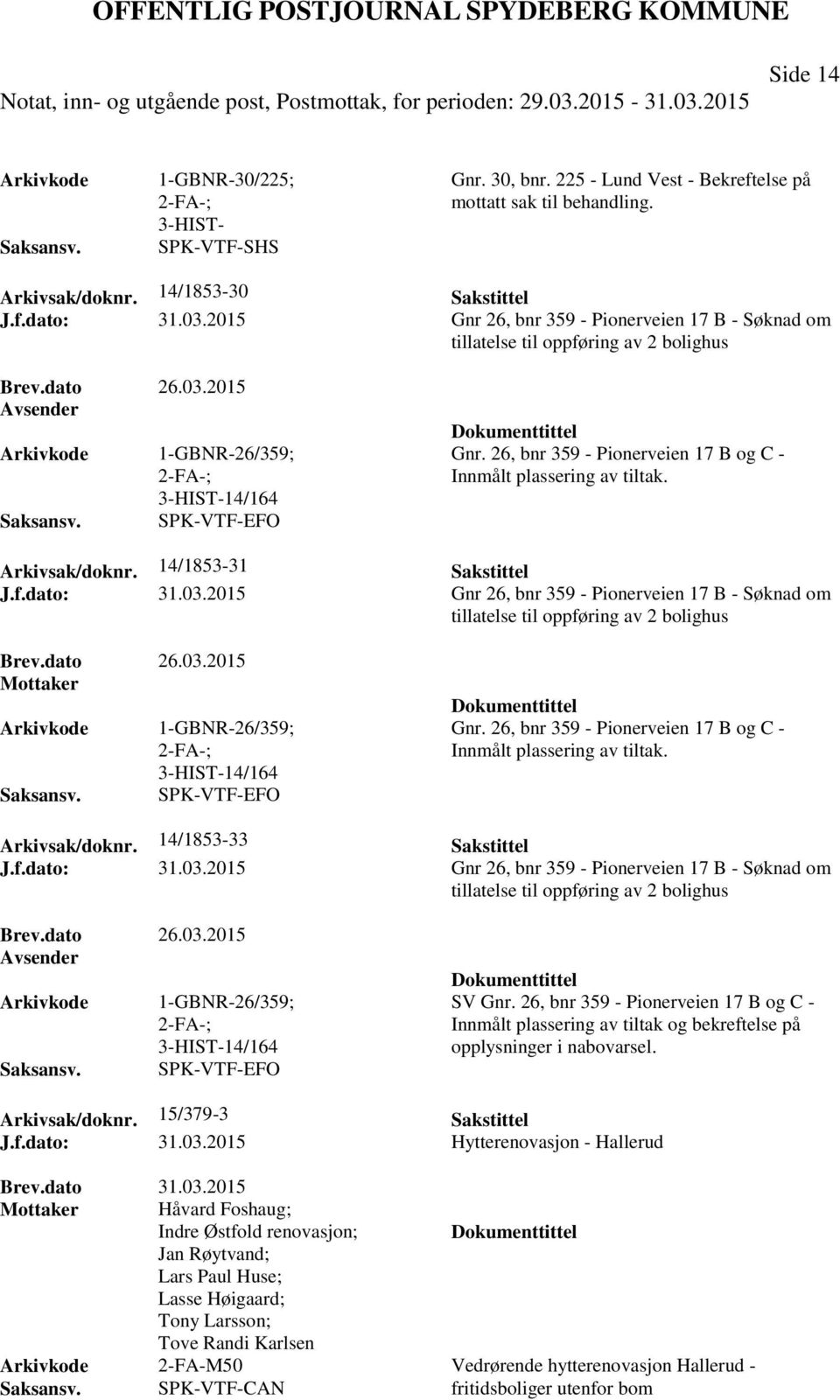 26, bnr 359 - Pionerveien 17 B og C - Innmålt plassering av tiltak. Arkivsak/doknr. 14/1853-31 Sakstittel J.f.dato: 31.03.