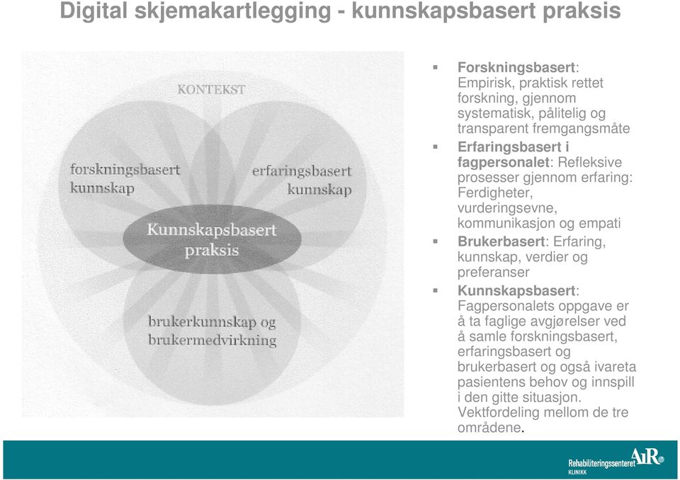 empati Brukerbasert: Erfaring, kunnskap, verdier og preferanser Kunnskapsbasert: Fagpersonalets oppgave er å ta faglige avgjørelser ved å samle