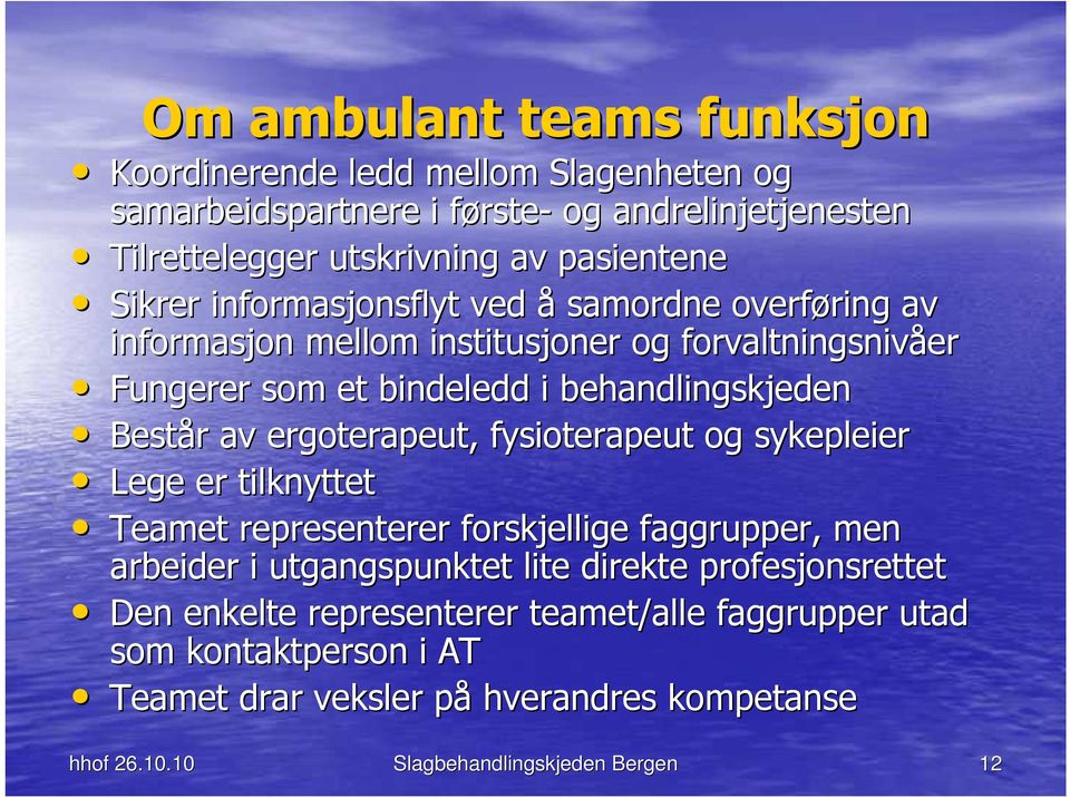 Består r av ergoterapeut, fysioterapeut og sykepleier Lege er tilknyttet Teamet representerer forskjellige faggrupper, men arbeider i utgangspunktet lite direkte