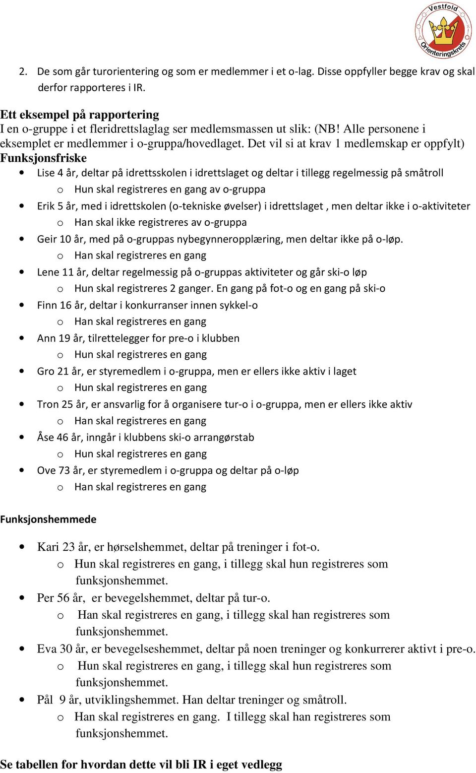 Det vil si at krav 1 medlemskap er oppfylt) Funksjonsfriske Lise 4 år, deltar på idrettsskolen i idrettslaget og deltar i tillegg regelmessig på småtroll o Hun skal registreres en gang av o-gruppa