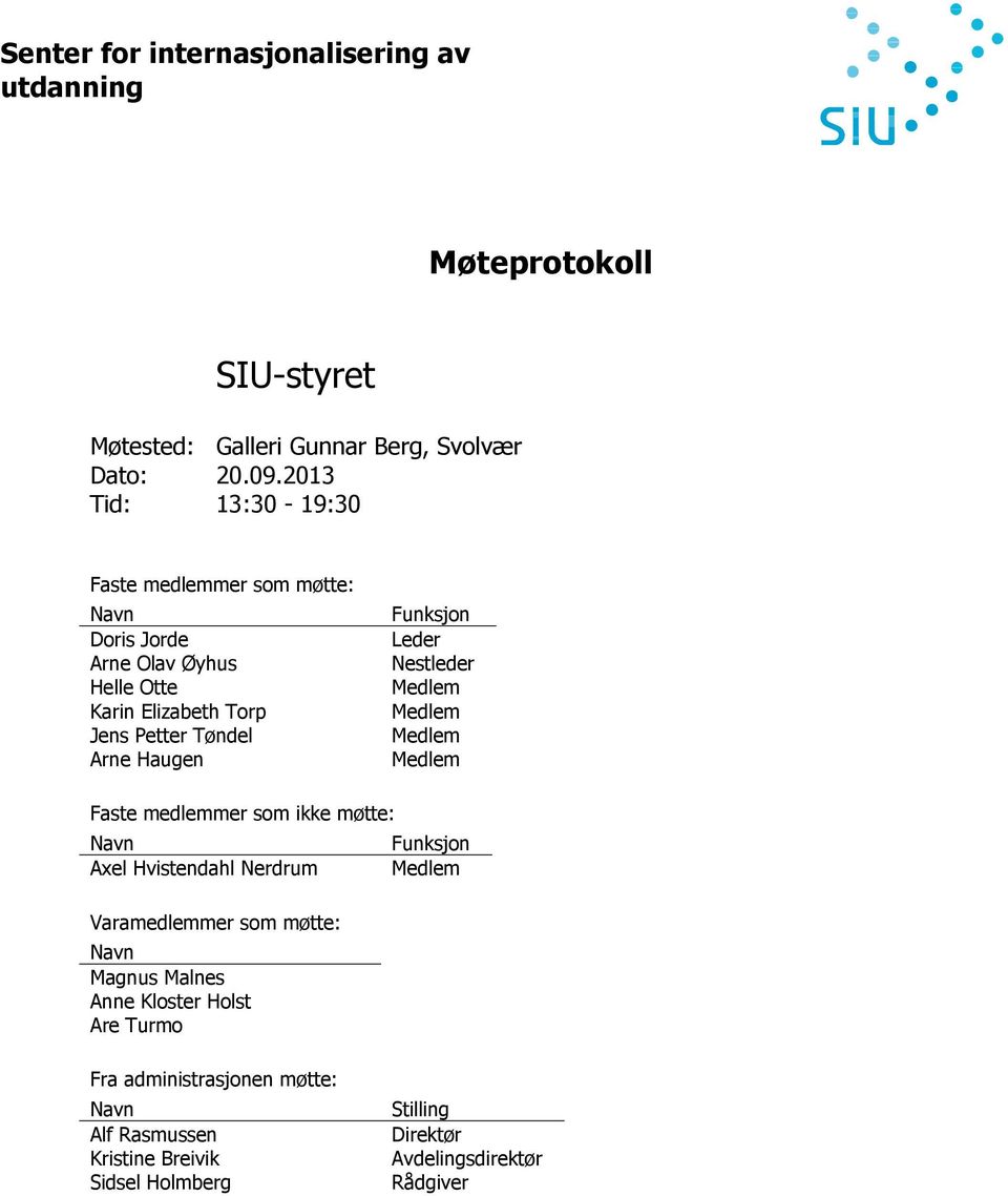 Haugen Funksjon Leder Nestleder Faste medlemmer som ikke møtte: Axel Hvistendahl Nerdrum Varamedlemmer som møtte: Magnus Malnes Anne