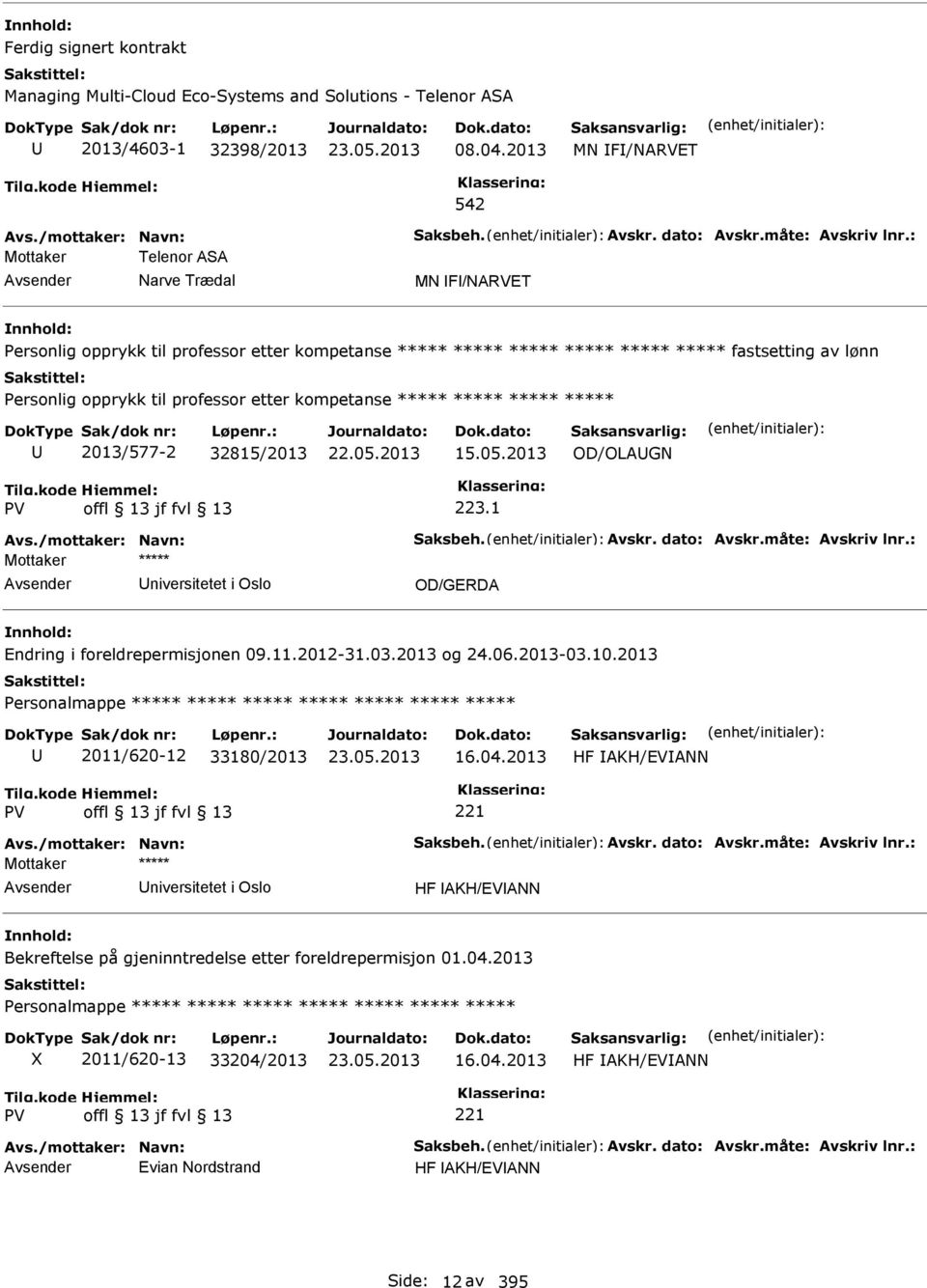 etter kompetanse ***** ***** ***** ***** 2013/577-2 32815/2013 15.05.2013 OD/OLAG 223.1 niversitetet i Oslo OD/GERDA Endring i foreldrepermisjonen 09.11.2012-31.03.2013 og 24.06.2013-03.10.