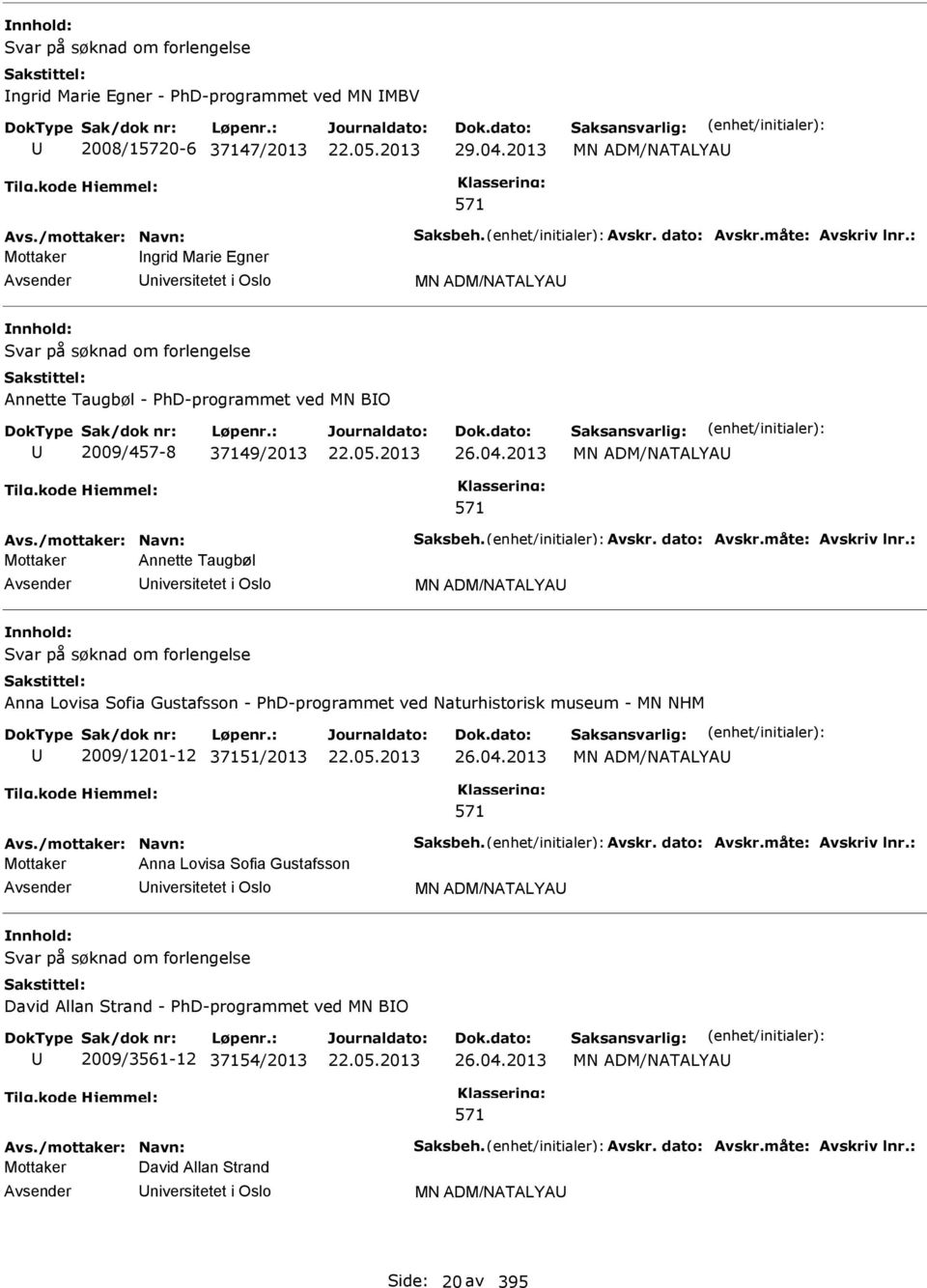 2013 M ADM/ATALYA Mottaker Annette Taugbøl niversitetet i Oslo M ADM/ATALYA Svar på søknad om forlengelse Anna Lovisa Sofia Gustafsson - PhD-programmet ved aturhistorisk museum - M HM 2009/1201-12