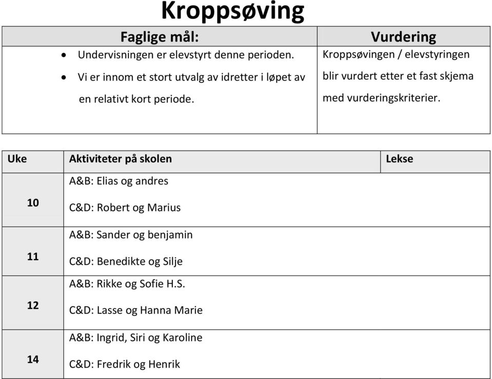 Kroppsøvingen / elevstyringen blir vurdert etter et fast skjema med vurderingskriterier.