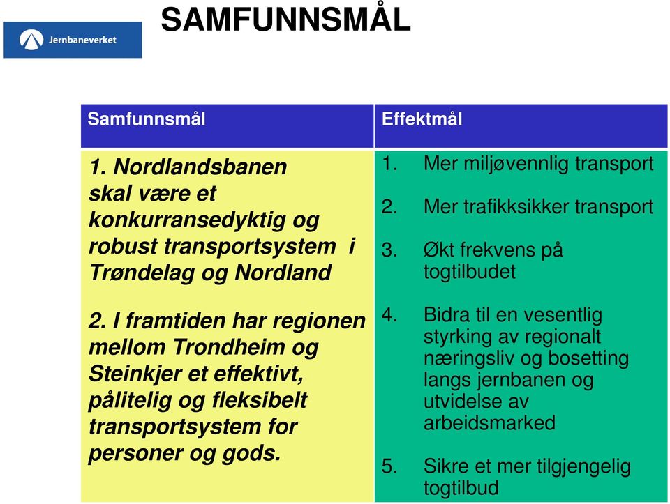 gods. Effektmål 1. Mer miljøvennlig transport 2. Mer trafikksikker transport 3. Økt frekvens på togtilbudet 4.