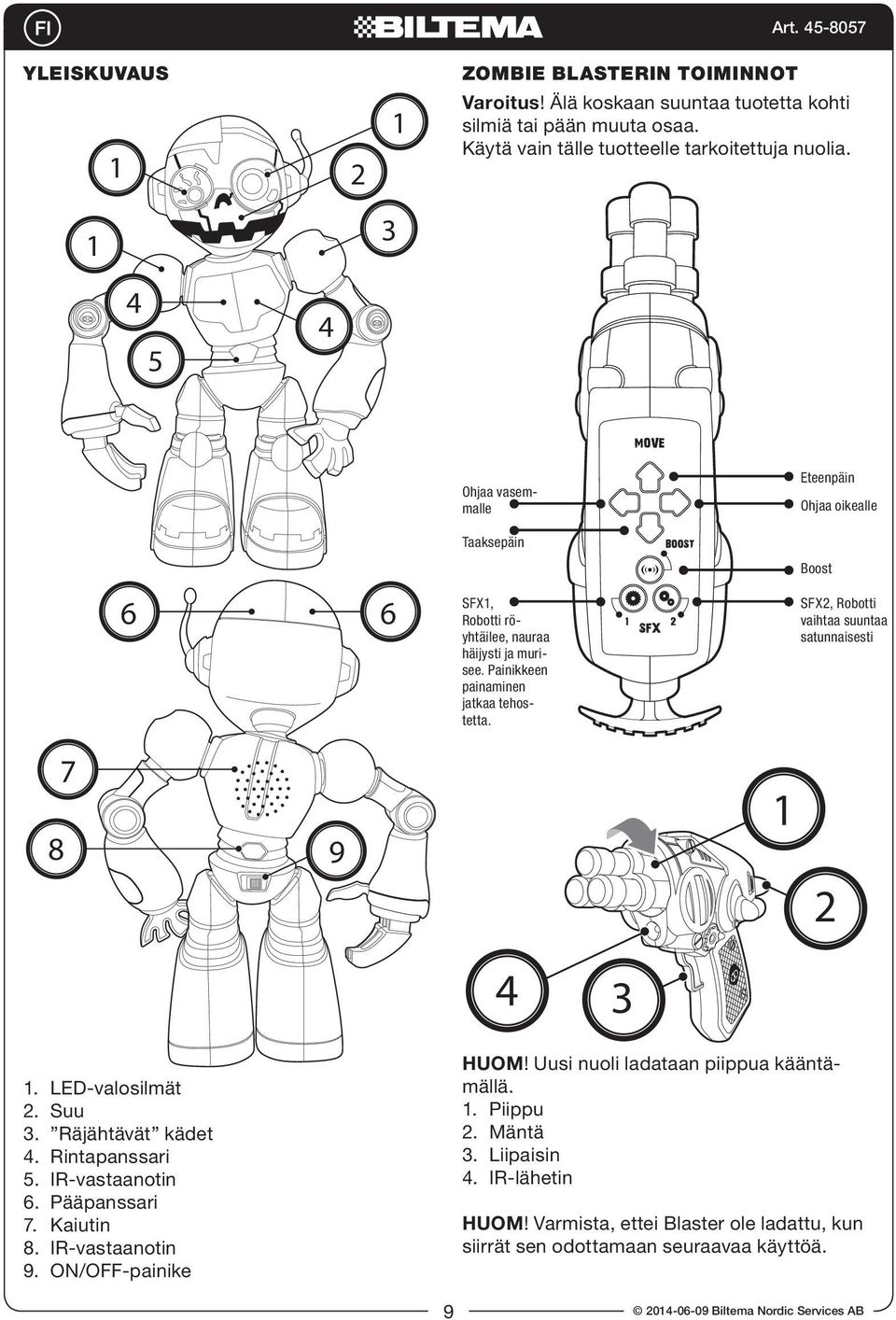 Eteenpäin Ohjaa oikealle SFX2, Robotti vaihtaa suuntaa satunnaisesti 7 8 9 2 3. LED-valosilmät 2. Suu 3. Räjähtävät kädet. Rintapanssari 5. IR-vastaanotin 6. Pääpanssari 7. Kaiutin 8.
