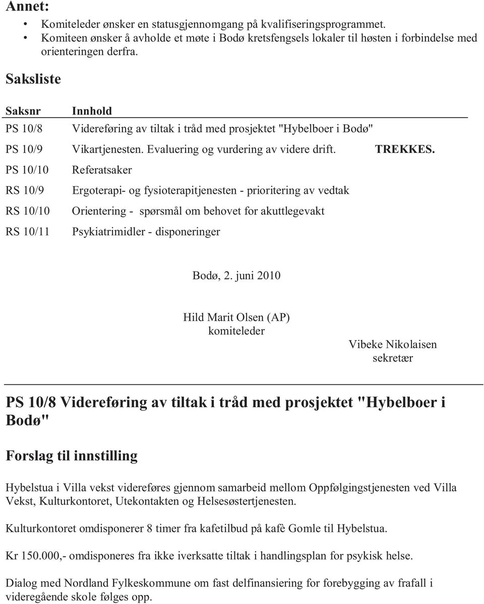 Saksliste Saksnr PS 10/8 Innhold Videreføring av tiltak i tråd med prosjektet "Hybelboer i Bodø" PS 10/9 Vikartjenesten. Evaluering og vurdering av videre drift. TREKKES.