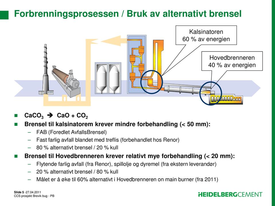 alternativt brensel / 20 % kull Brensel til Hovedbrenneren krever relativt mye forbehandling (< 20 mm): Flytende farlig avfall (fra Renor), spillolje og