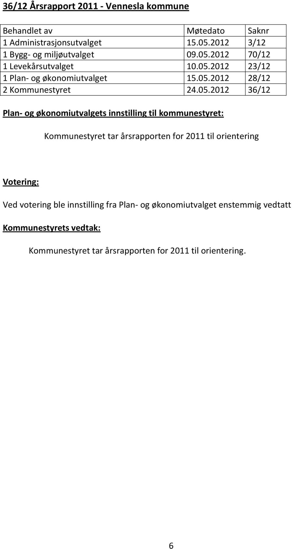 innstilling til kommunestyret: Kommunestyret tar årsrapporten for 2011 til orientering Ved votering ble innstilling fra Plan-