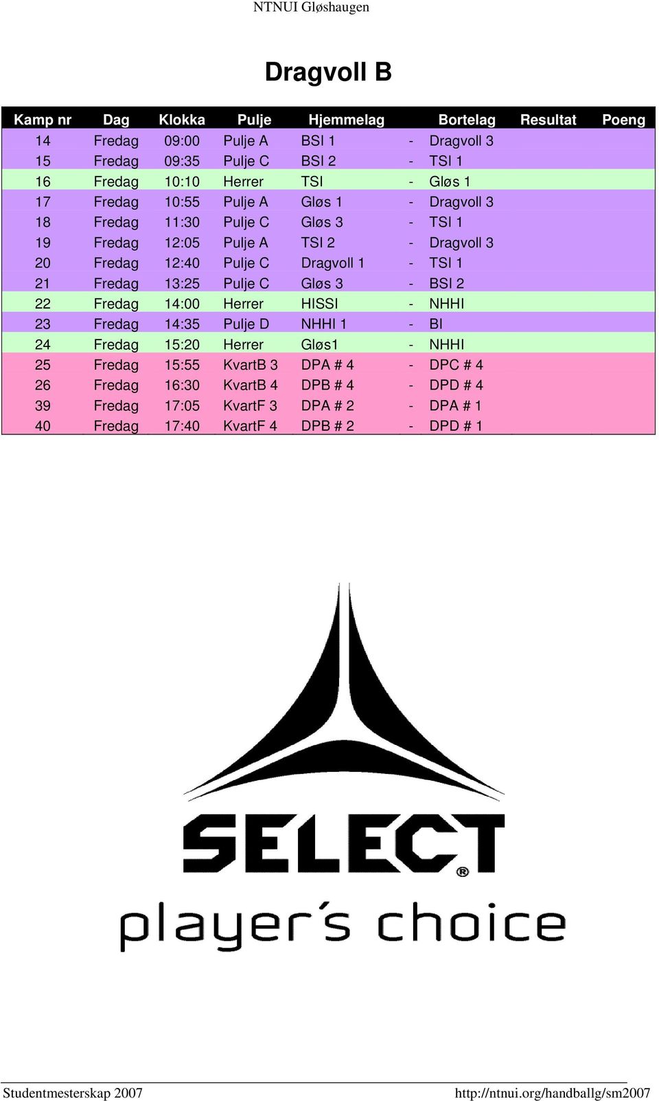 C Dragvoll 1 - TSI 1 21 Fredag 13:25 Pulje C Gløs 3 - BSI 2 22 Fredag 14:00 Herrer HISSI - NHHI 23 Fredag 14:35 Pulje D NHHI 1 - BI 24 Fredag 15:20 Herrer Gløs1 - NHHI