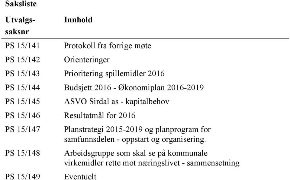 Resultatmål for 2016 PS 15/147 PS 15/148 PS 15/149 Planstrategi 2015-2019 og planprogram for samfunnsdelen -