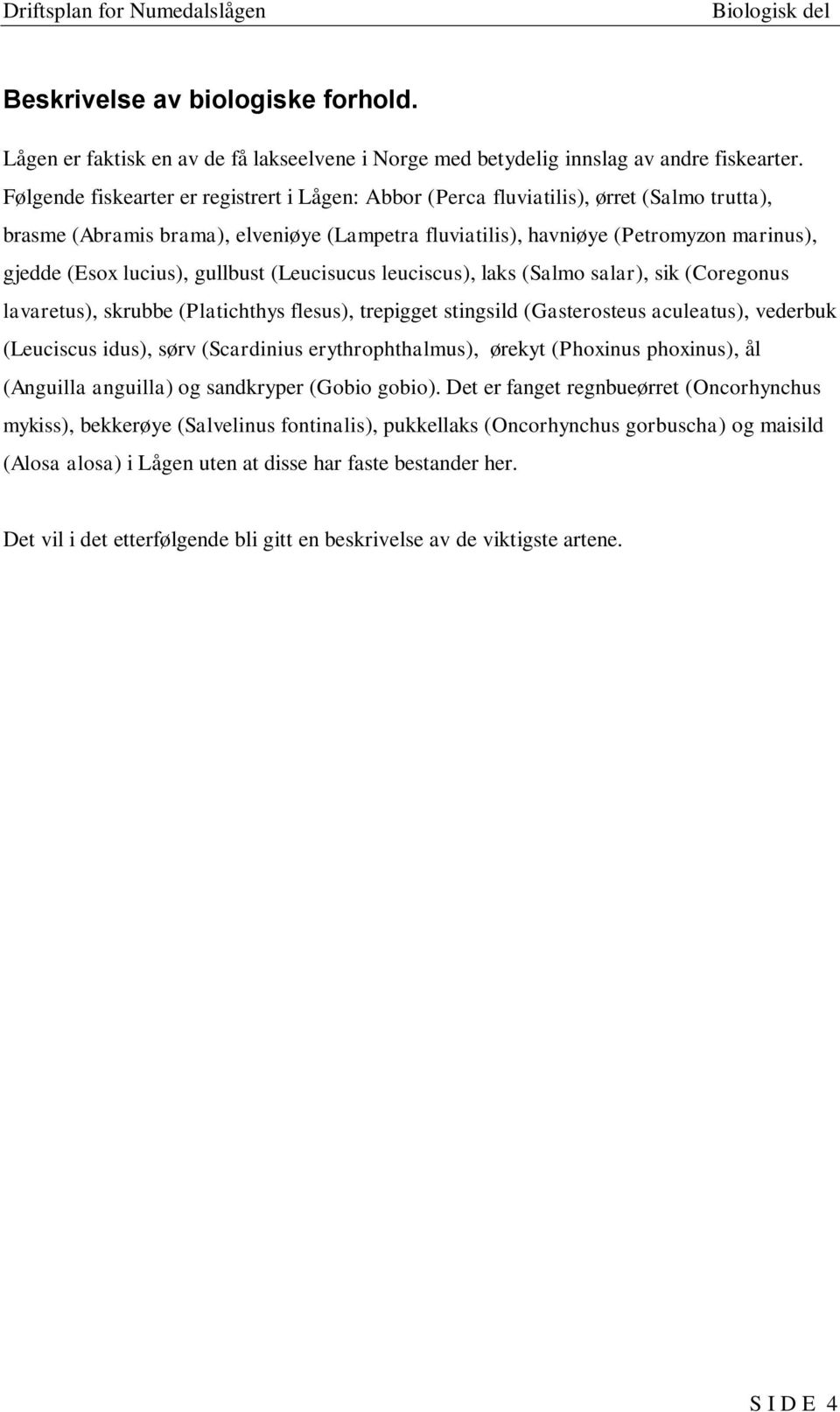 lucius), gullbust (Leucisucus leuciscus), laks (Salmo salar), sik (Coregonus lavaretus), skrubbe (Platichthys flesus), trepigget stingsild (Gasterosteus aculeatus), vederbuk (Leuciscus idus), sørv