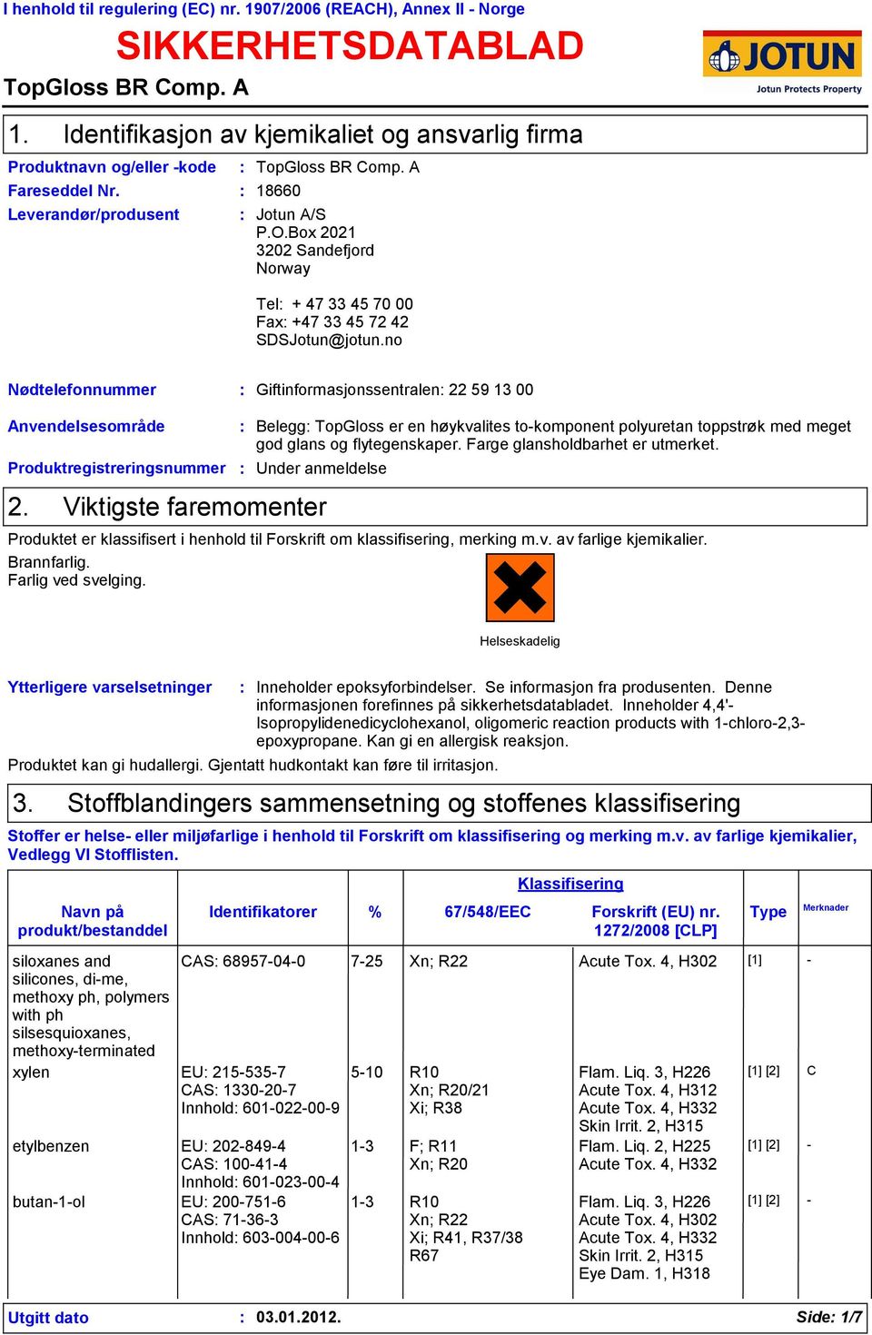 Box 2021 3202 Sandefjord Norway Tel + 47 33 45 70 00 Fax +47 33 45 72 42 SDSJotun@jotun.no Nødtelefonnummer Giftinformasjonssentralen 22 59 13 00 Anvendelsesområde Produktregistreringsnummer 2.