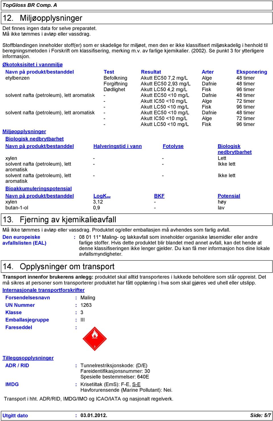 av farlige kjemikalier. (2002). Se punkt 3 for ytterligere informasjon.