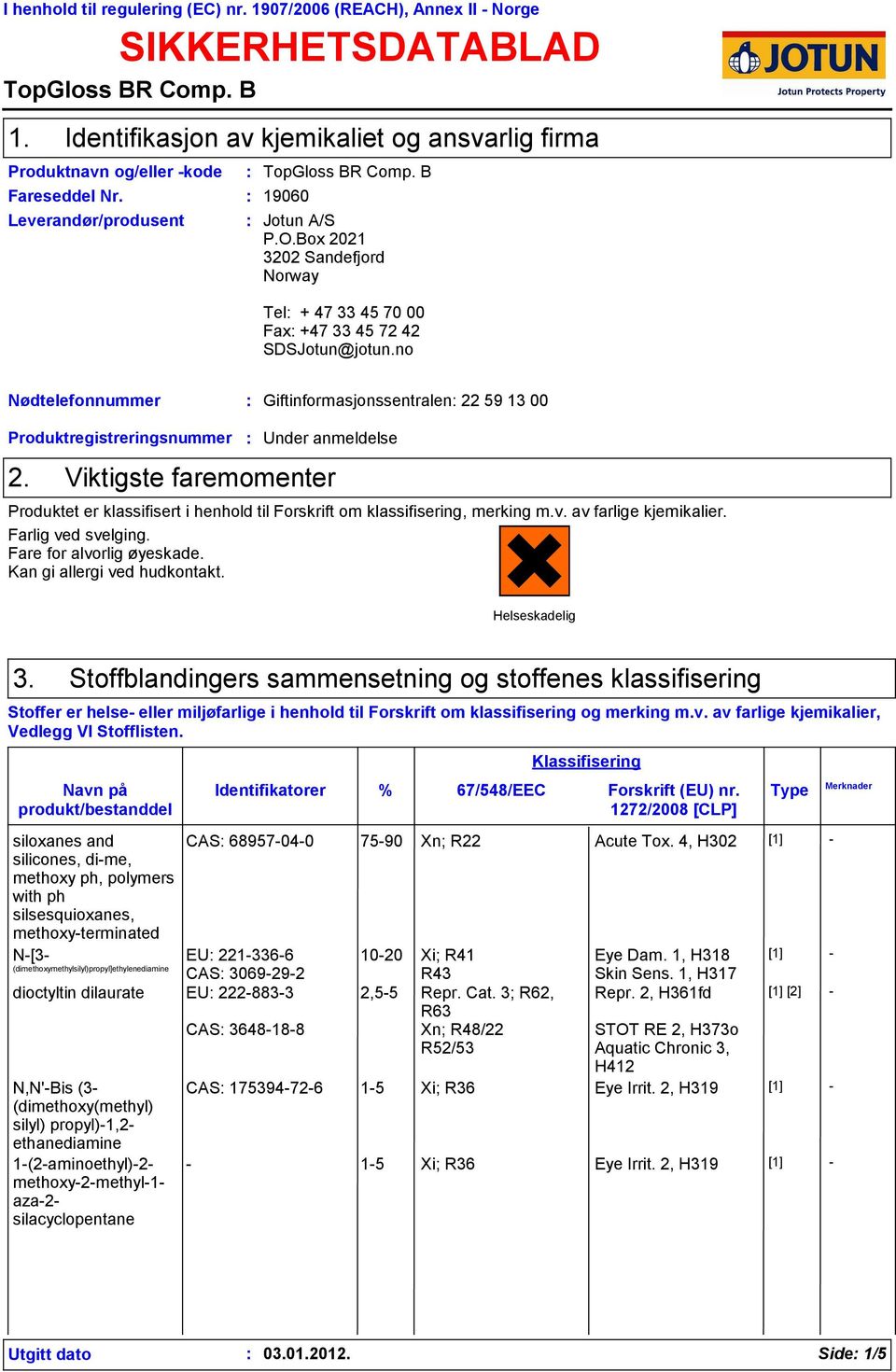 Box 2021 3202 Sandefjord Norway Tel + 47 33 45 70 00 Fax +47 33 45 72 42 SDSJotun@jotun.no Nødtelefonnummer Giftinformasjonssentralen 22 59 13 00 Produktregistreringsnummer 2.