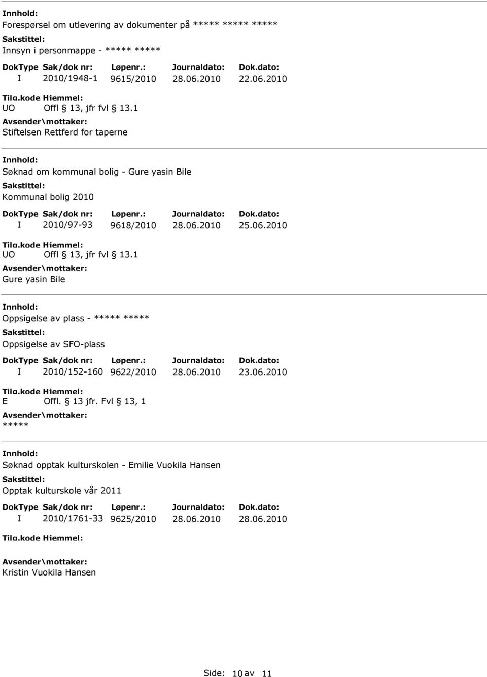 2010 nnhold: Søknad om kommunal bolig - Gure yasin Bile Kommunal bolig 2010 O 2010/97-93 9618/2010 Gure yasin Bile nnhold: