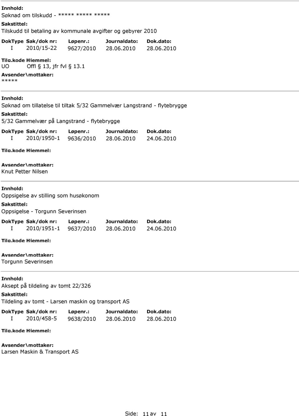 2010 Knut Petter Nilsen nnhold: Oppsigelse av stilling som husøkonom Oppsigelse - Torgunn Severinsen 2010/1951-1 9637/2010 24.06.