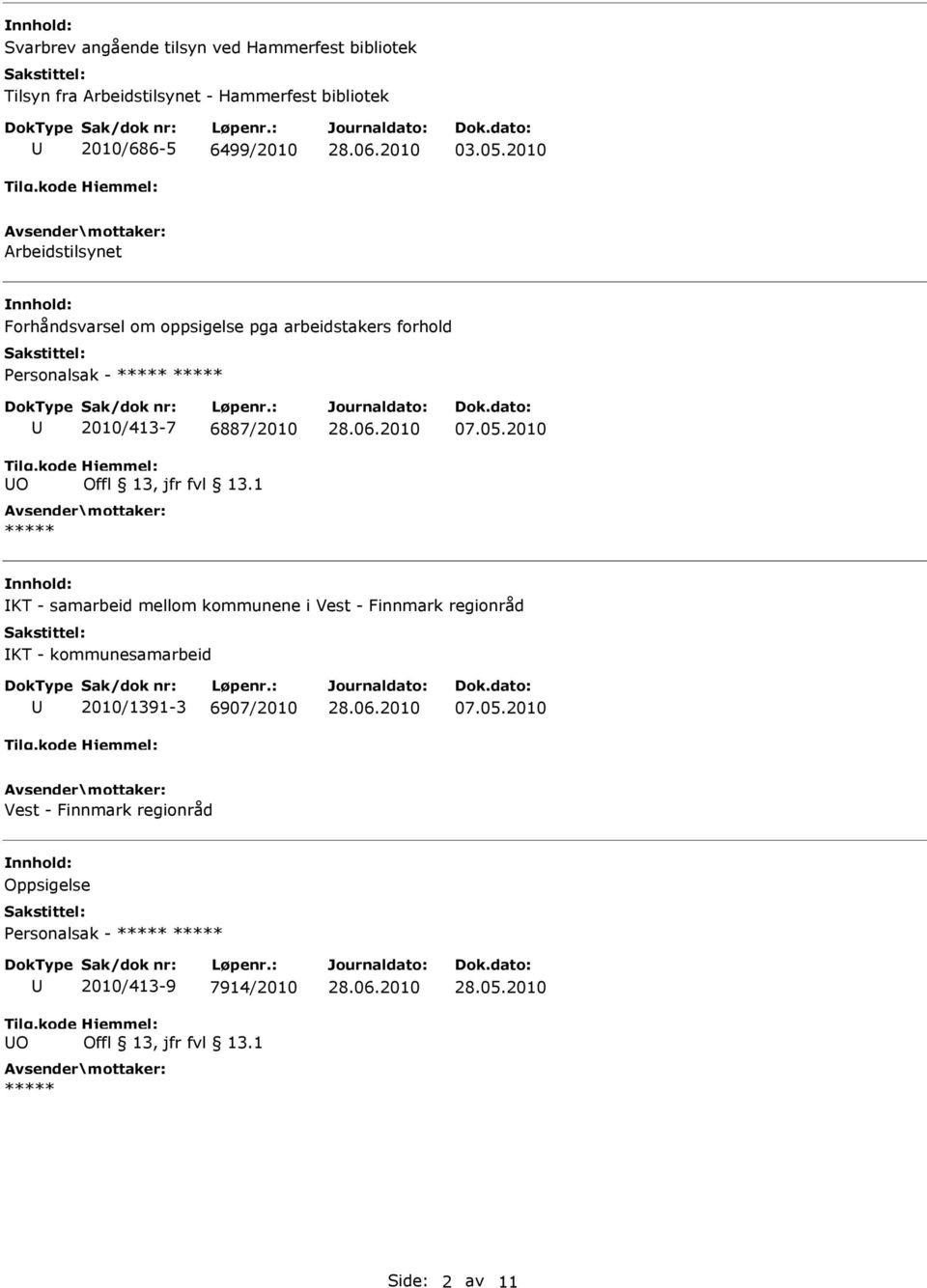 2010 Arbeidstilsynet nnhold: Forhåndsvarsel om oppsigelse pga arbeidstakers forhold Personalsak - O 2010/413-7 6887/2010 07.