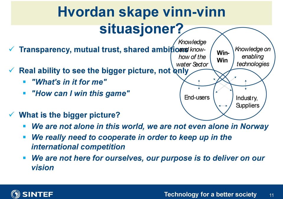 Knowledge and knowhow of the water Sector End-users Win- Win Knowledge on enabling technologies Industry, Suppliers # We are not alone in this