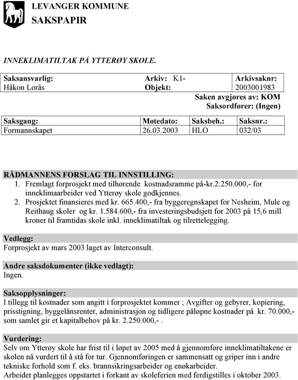 665.400,- fra byggeregnskapet for Nesheim, Mule og Reithaug skoler og kr. 1.584.600,- fra investeringsbudsjett for 2003 på 15,6 mill kroner til framtidas skole inkl.