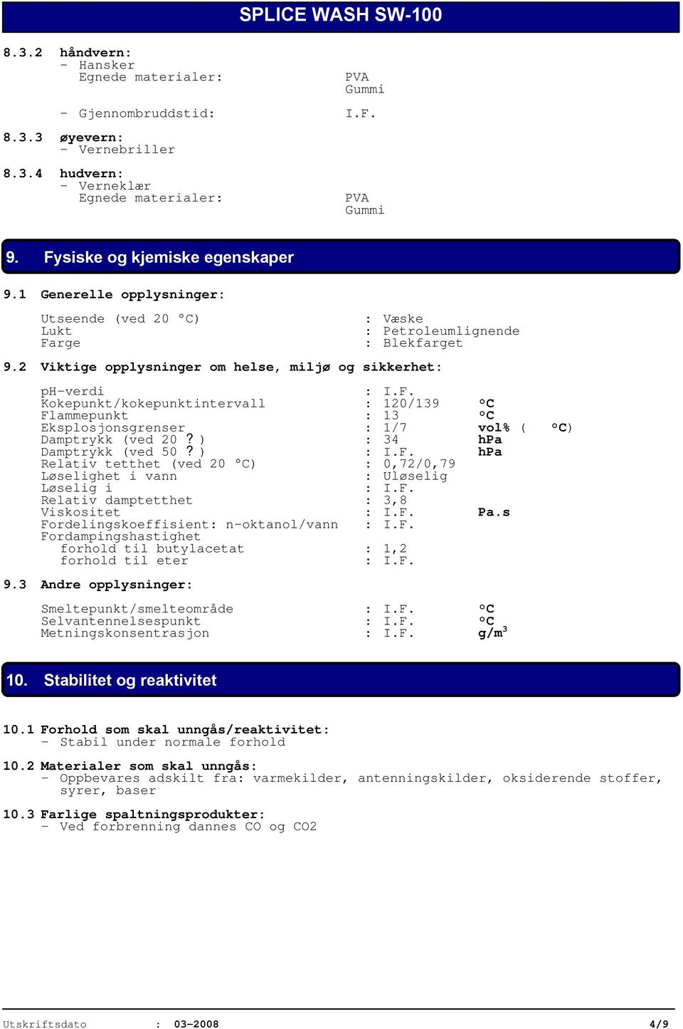 F. Kokepunkt/kokepunktintervall : 120/139 C Flammepunkt : 13 C Eksplosjonsgrenser : 1/7 vol% ( C) Damptrykk (ved 20? ) : 34 hpa Damptrykk (ved 50? ) : I.F. hpa Relativ tetthet (ved 20 C) : 0,72/0,79 Løselighet i vann : Uløselig Løselig i : I.