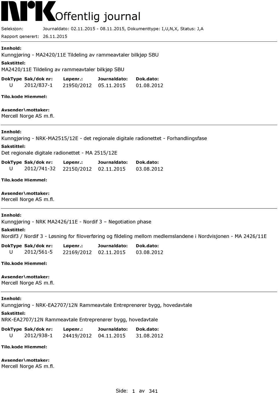 Kunngjøring - NRK-MA2515/12E - det regionale digitale radionettet - Forhandlingsfase Det regionale digitale radionettet - MA 2515/12E 2012/741-32 22150/2012 03.