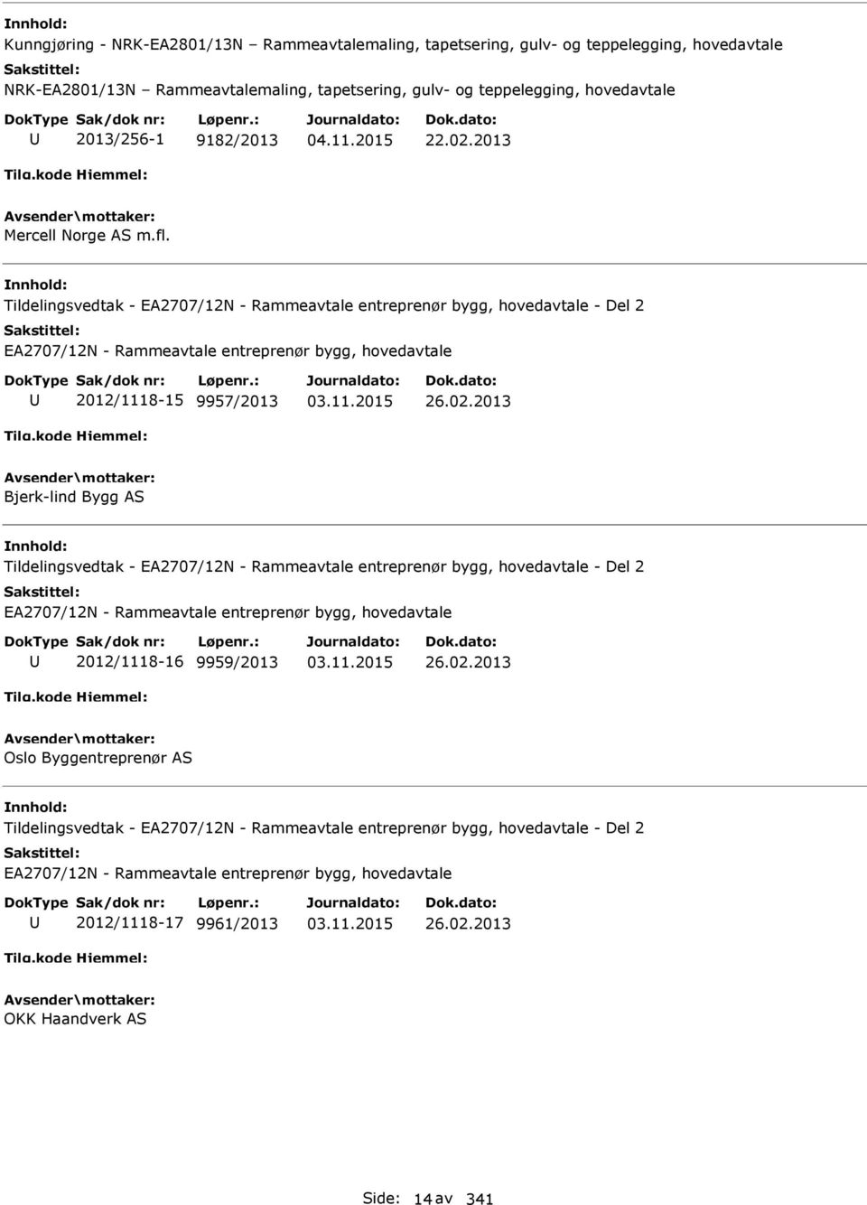 02.2013 Oslo Byggentreprenør AS Tildelingsvedtak - EA2707/12N - Rammeavtale entreprenør bygg, hovedavtale - Del 2 EA2707/12N - Rammeavtale entreprenør bygg, hovedavtale 2012/1118-17 9961/2013 26.02.2013 OKK Haandverk AS Side: 14 av 341