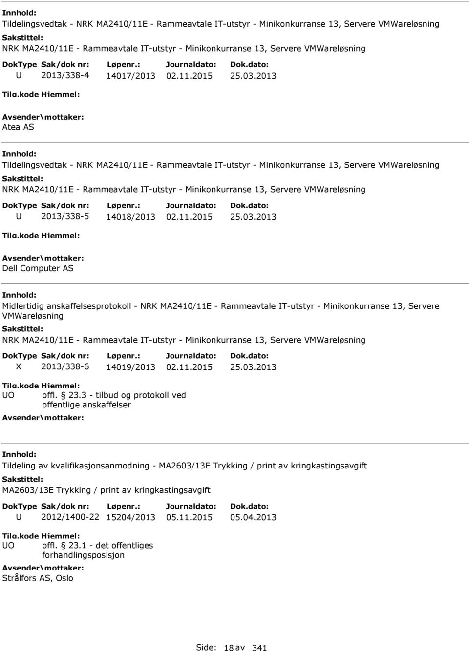 2013 Atea AS Tildelingsvedtak - NRK MA2410/11E - Rammeavtale T-utstyr - Minikonkurranse 13, Servere VMWareløsning NRK MA2410/11E - Rammeavtale T-utstyr - Minikonkurranse 13, Servere VMWareløsning