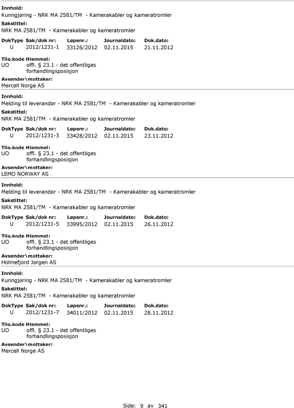 2012 Melding til leverandør - NRK MA 2581/TM - Kamerakabler og kameratromler NRK MA 2581/TM - Kamerakabler og kameratromler O 2012/1231-5 33995/2012 Holmefjord Jørgen AS