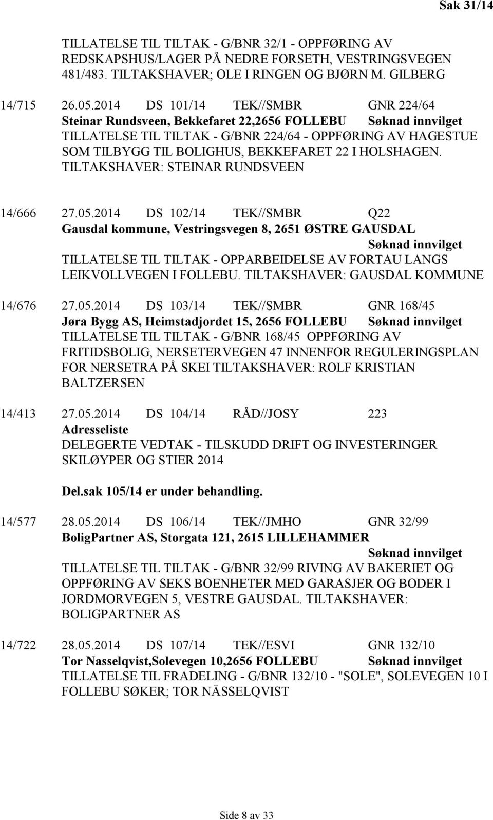 TILTAKSHAVER: STEINAR RUNDSVEEN 14/666 27.05.