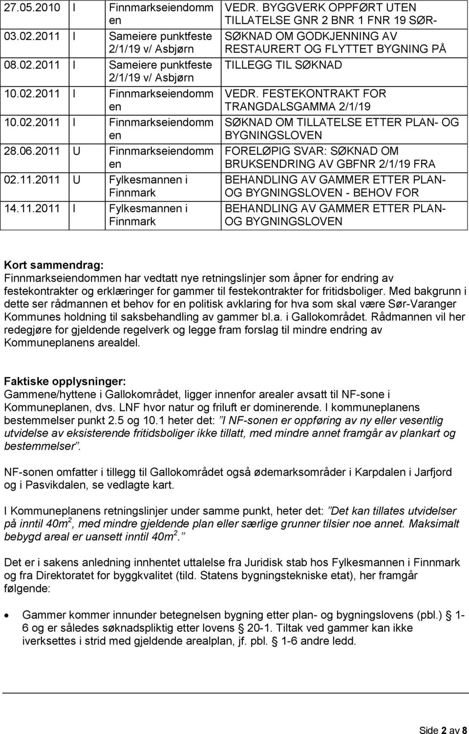 BYGGVERK OPPFØRT UTEN TILLATELSE GNR 2 BNR 1 FNR 19 SØR- VARANGER SØKNAD OM KOMMUNE GODKJENNING AV RESTAURERT OG FLYTTET BYGNING PÅ PUNKTFESTET TILLEGG TIL SØKNAD VEDR.