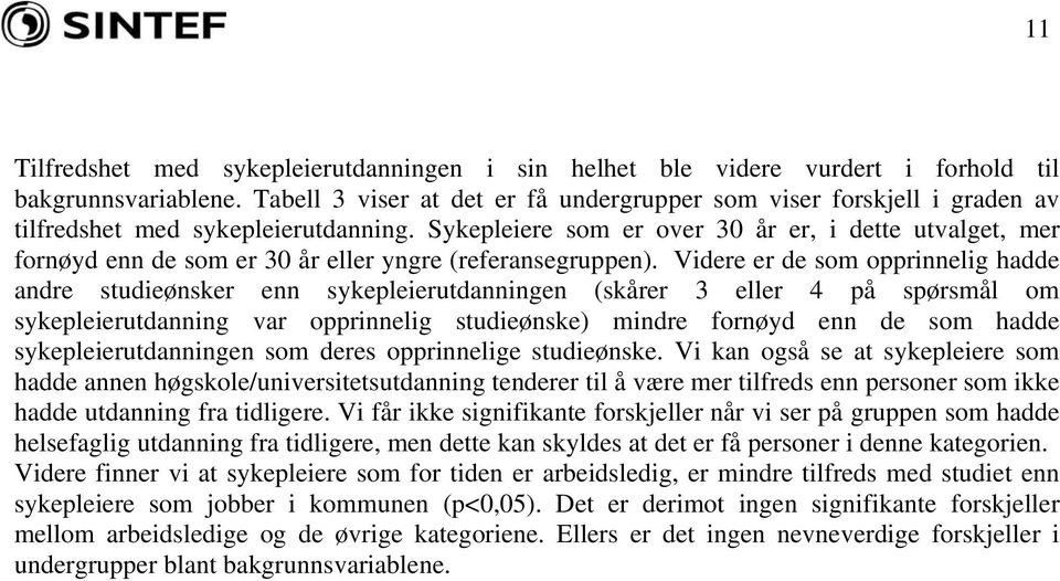 Sykepleiere som er over 30 år er, i dette utvalget, mer fornøyd enn de som er 30 år eller yngre (referansegruppen).