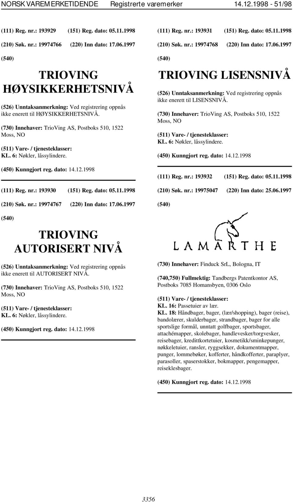 6: Nøkler, låssylindere. (111) Reg. nr.: 193930 (151) Reg. dato: 05.11.1998 (210) Søk. nr.: 19974767 (220) Inn dato: 17.06.1997 (111) Reg. nr.: 193931 (151) Reg. dato: 05.11.1998 (210) Søk. nr.: 19974768 (220) Inn dato: 17.