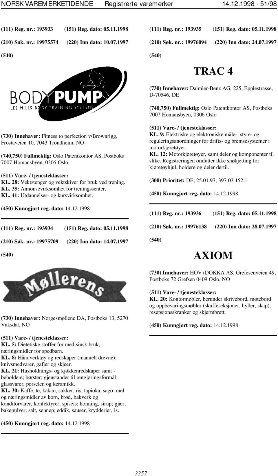 v/brownrigg, Frostaveien 10, 7043 Trondheim, NO (740,750) Fullmektig: Oslo Patentkontor AS, Postboks 7007 Homansbyen, 0306 Oslo KL. 28: Vektstenger og vektskiver for bruk ved trening. KL. 35: Annonsevirksomhet for treningssenter.