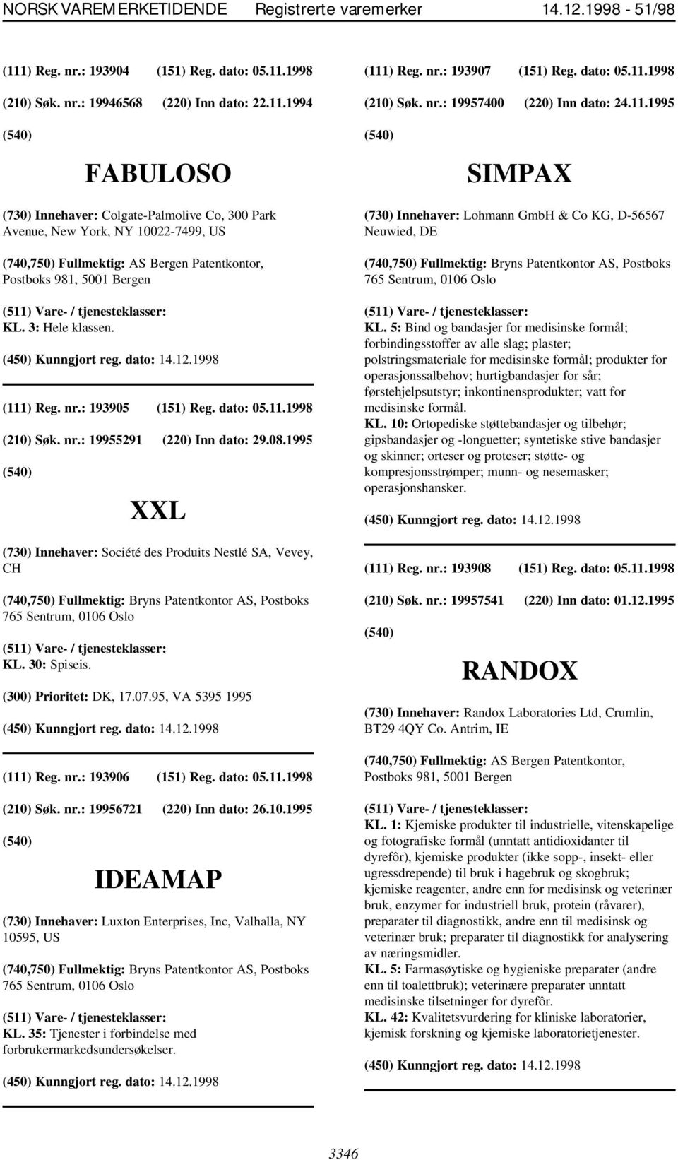 (111) Reg. nr.: 193905 (151) Reg. dato: 05.11.1998 (210) Søk. nr.: 19955291 (220) Inn dato: 29.08.1995 XXL (730) Innehaver: Société des Produits Nestlé SA, Vevey, CH KL. 30: Spiseis.