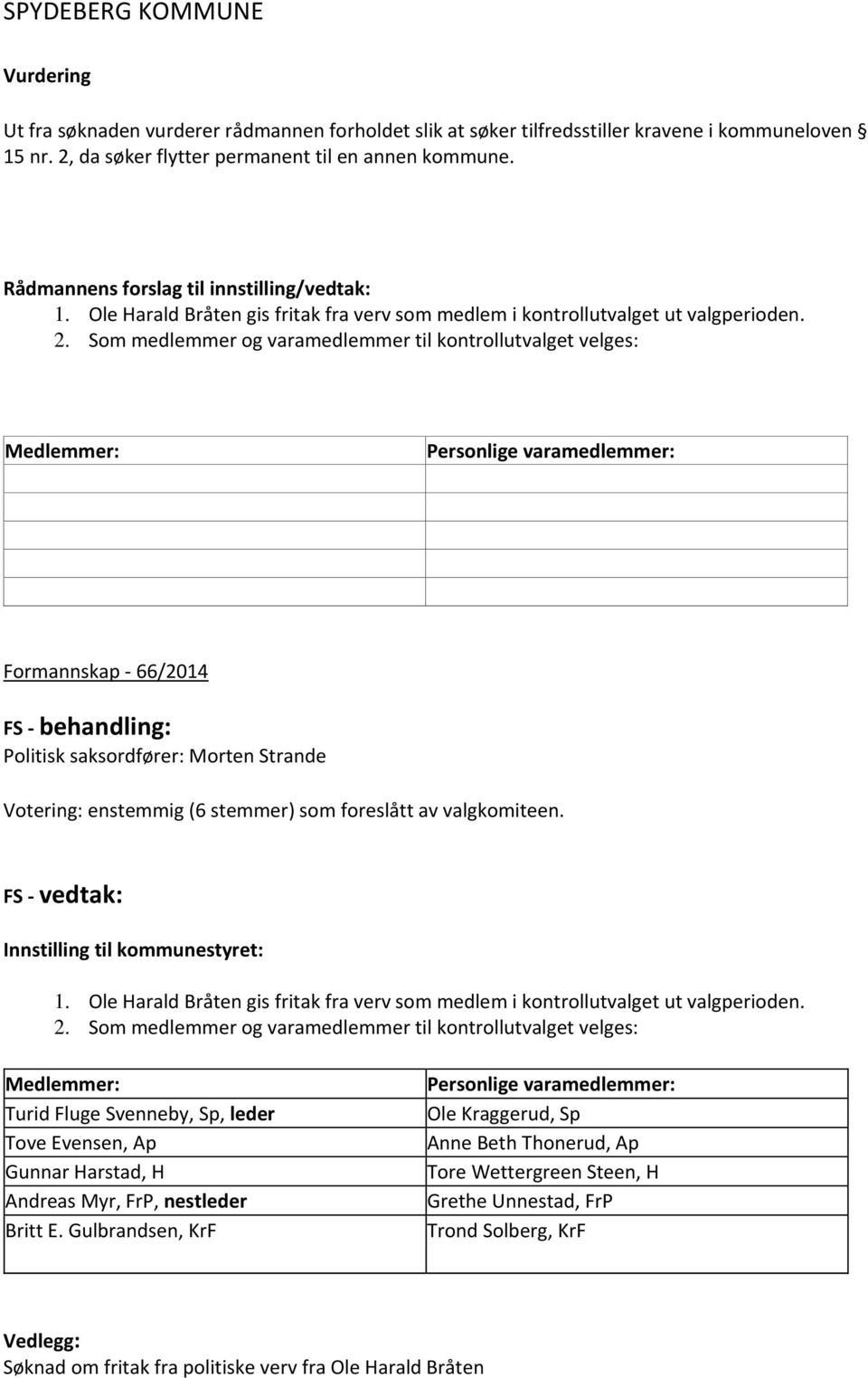 Som medlemmer og varamedlemmer til kontrollutvalget velges: Medlemmer: Personlige varamedlemmer: Formannskap 66/2014 FS behandling: Politisk saksordfører: Morten Strande Votering: enstemmig (6