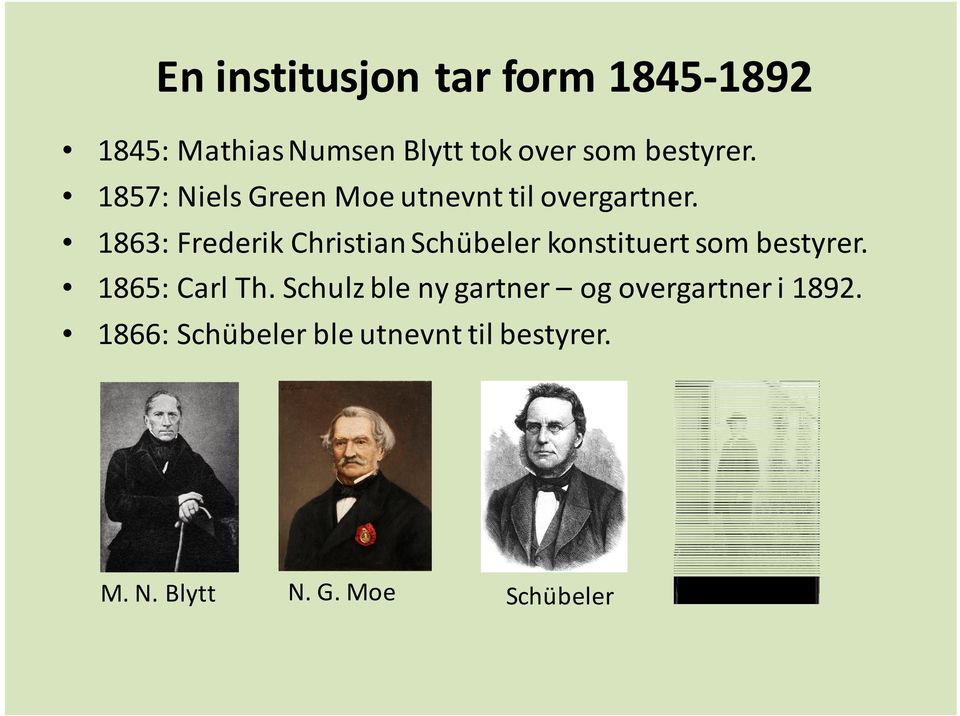 1863: Frederik Christian Schübeler konstituert som bestyrer. 1865: Carl Th.