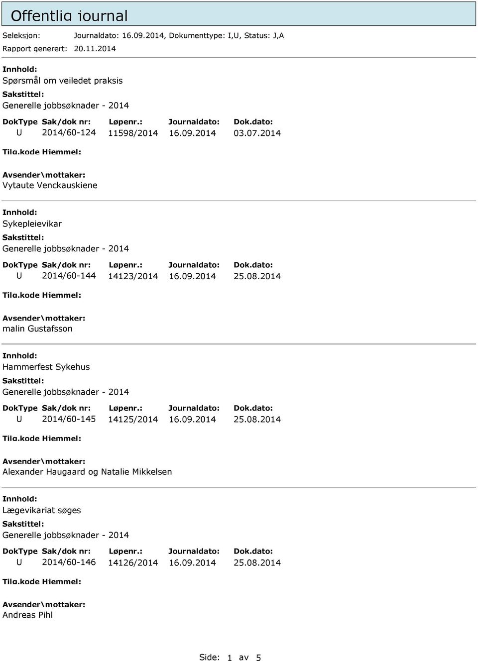 2014 Vytaute Venckauskiene Sykepleievikar 2014/60-144 14123/2014 malin Gustafsson Hammerfest