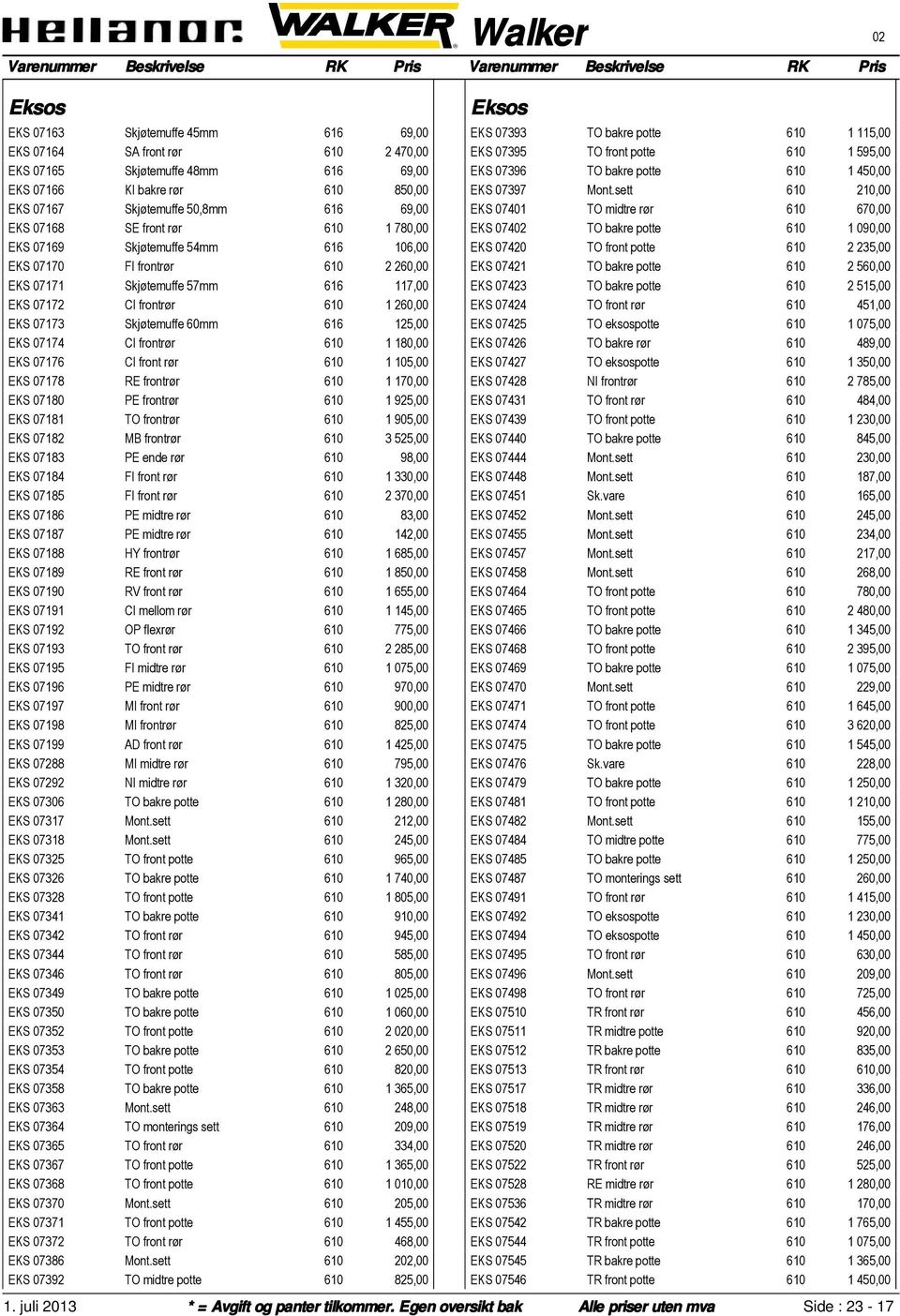 60mm 616 125,00 EKS 07174 CI frontrør 610 1 180,00 EKS 07176 CI front rør 610 1 105,00 EKS 07178 RE frontrør 610 1 170,00 EKS 07180 PE frontrør 610 1 925,00 EKS 07181 TO frontrør 610 1 905,00 EKS